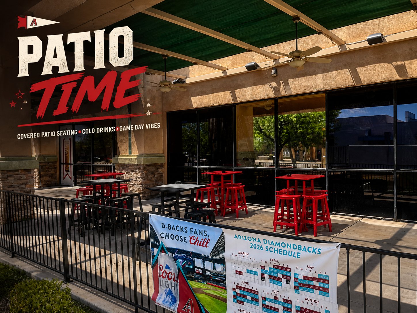 Patio time: covered patio seating, cold drinks, game day vibes