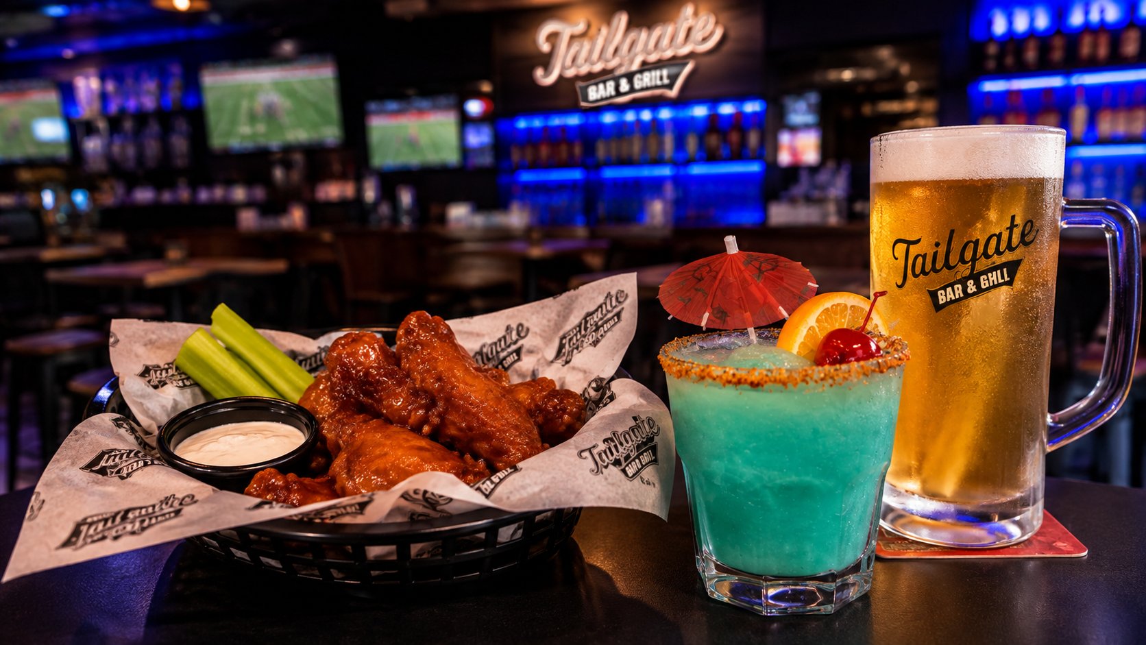 Wings with a Tailgate mug of beer